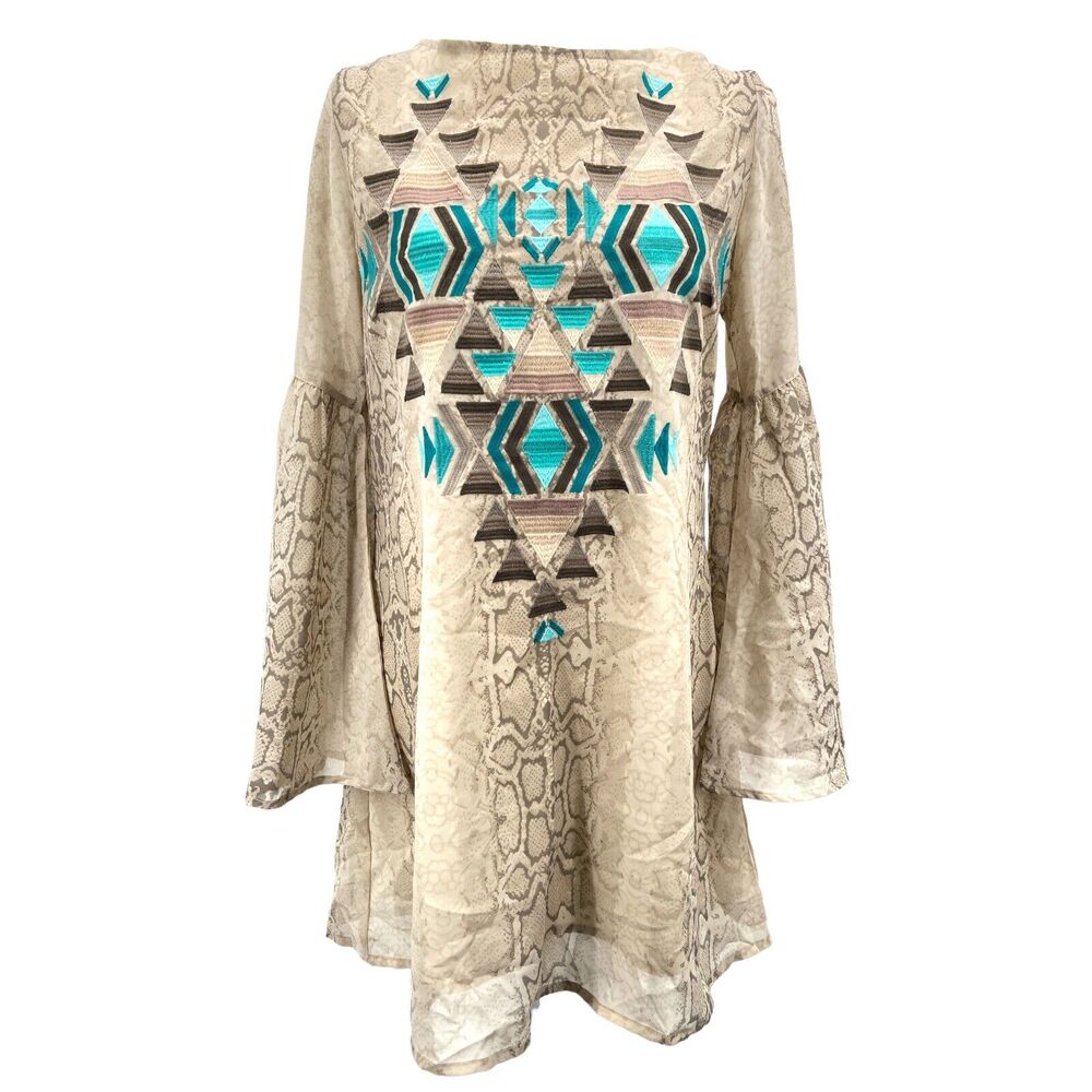 Judith March Bell Sleeve Flowy Embroidered‎ Tassel Tie Tunic Dress Womens